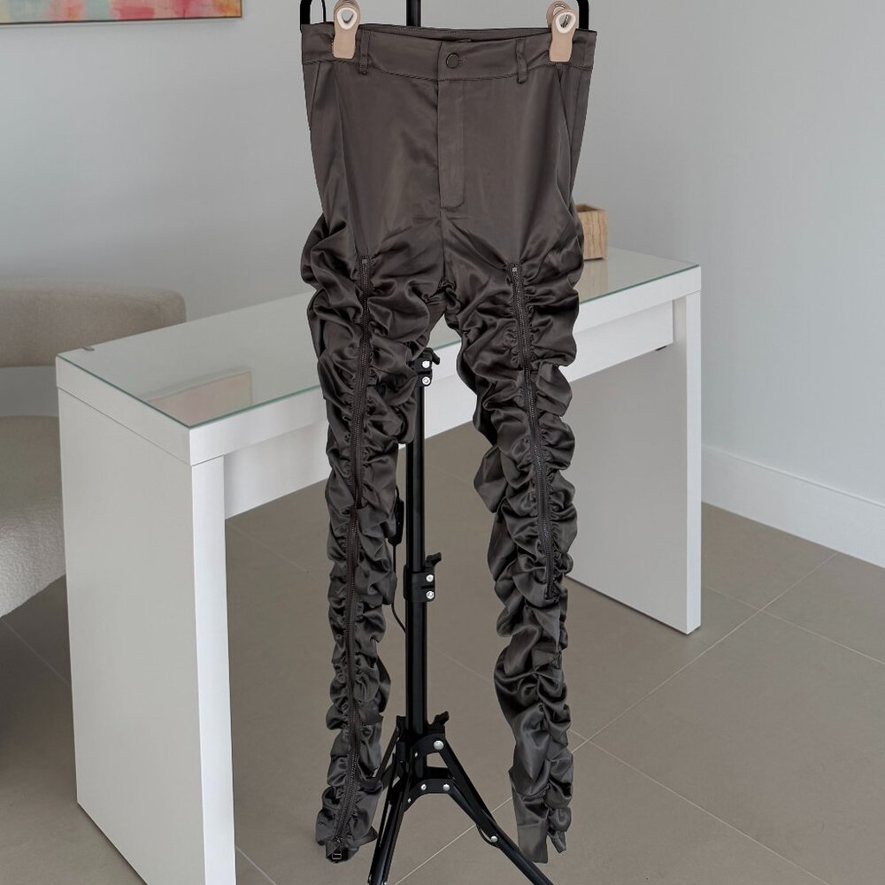 Metallic Gray Pleated Skinny Pants